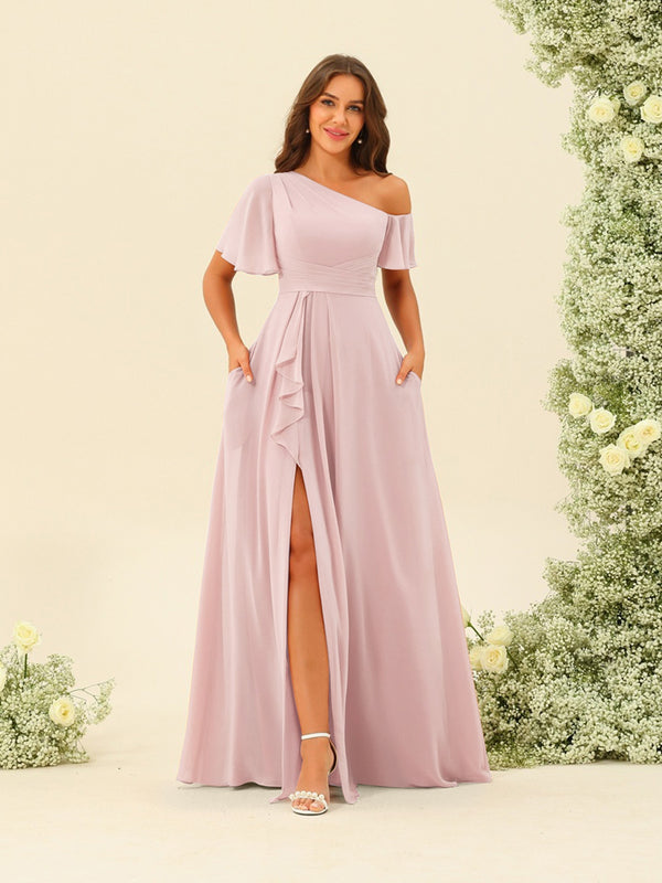 A-Line/Princess One-Shoulder Floor-Length Split Side Bridesmaid Dresses