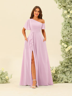 Lavetir Pink A-Line/Princess One-Shoulder Floor-Length Split Side Bridesmaid Dresses 2026 Lavetir Pink A-Line/Princess One-Shoulder Floor-Length Split Side Bridesmaid Dresses 2026