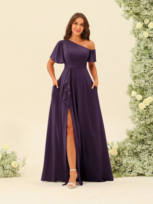 A-Line/Princess One-Shoulder Floor-Length Split Side Bridesmaid Dresses