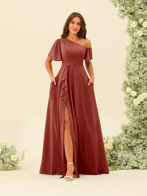 A-Line/Princess One-Shoulder Floor-Length Split Side Bridesmaid Dresses