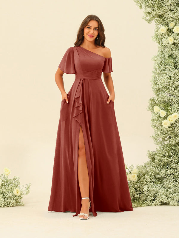 A-Line/Princess One-Shoulder Floor-Length Split Side Bridesmaid Dresses