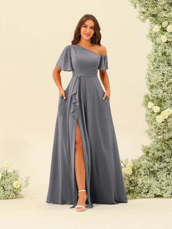 A-Line/Princess One-Shoulder Floor-Length Split Side Bridesmaid Dresses
