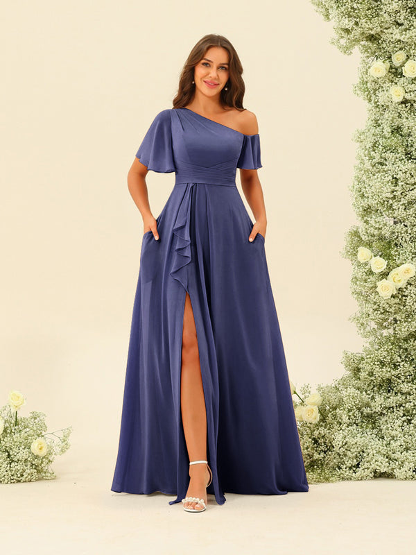 A-Line/Princess One-Shoulder Floor-Length Split Side Bridesmaid Dresses