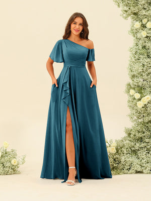 A-Line/Princess One-Shoulder Floor-Length Split Side Bridesmaid Dresses
