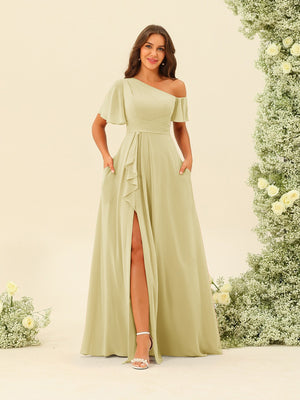 Lavetir Yellow A-Line/Princess One-Shoulder Floor-Length Split Side Bridesmaid Dresses 2026 Lavetir Yellow A-Line/Princess One-Shoulder Floor-Length Split Side Bridesmaid Dresses 2026