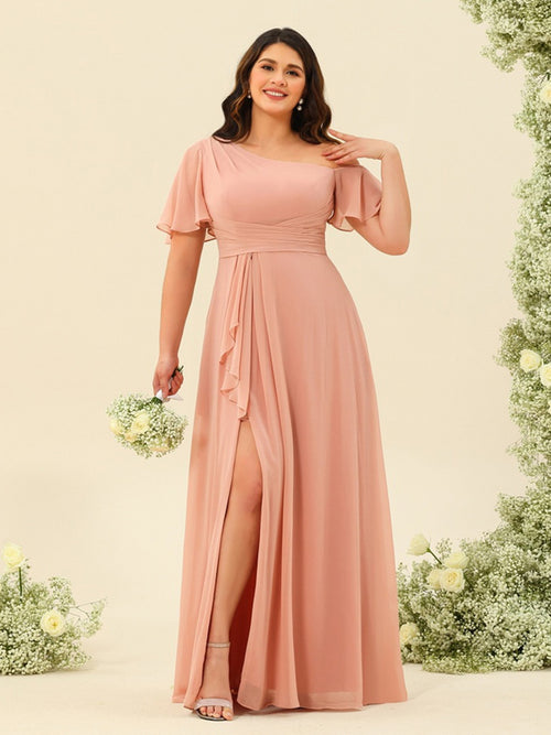 A-Line/Princess One-Shoulder Floor-Length Split Side Plus Size Bridesmaid Dresses