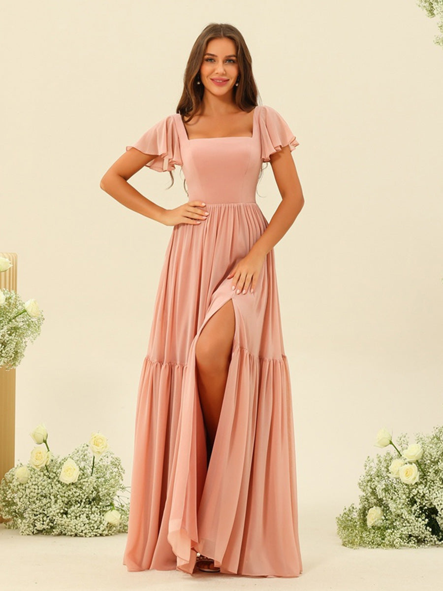 A-Line/Princess Ruffles Floor-Length Short Sleeves Bridesmaid Dresses