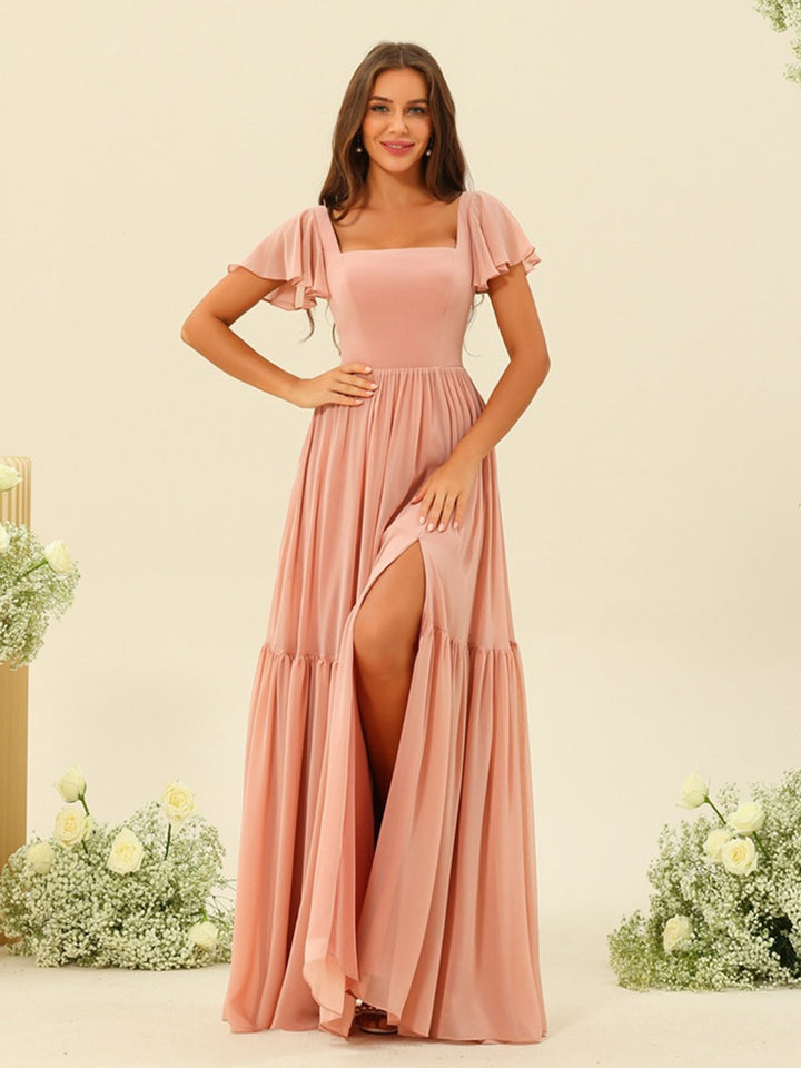 A-Line/Princess Ruffles Floor-Length Short Sleeves Bridesmaid Dresses
