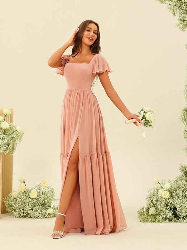 A-Line/Princess Ruffles Floor-Length Short Sleeves Bridesmaid Dresses