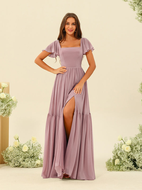 A-Line/Princess Ruffles Floor-Length Short Sleeves Bridesmaid Dresses