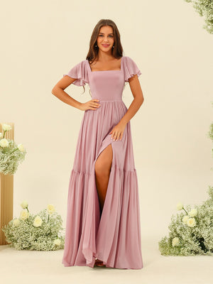 A-Line/Princess Ruffles Floor-Length Short Sleeves Bridesmaid Dresses