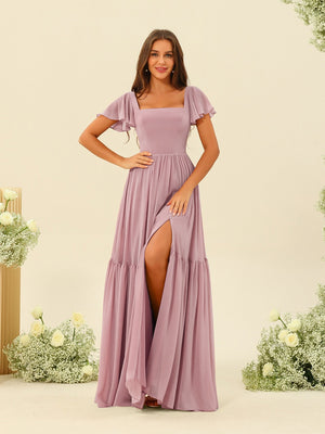 A-Line/Princess Ruffles Floor-Length Short Sleeves Bridesmaid Dresses