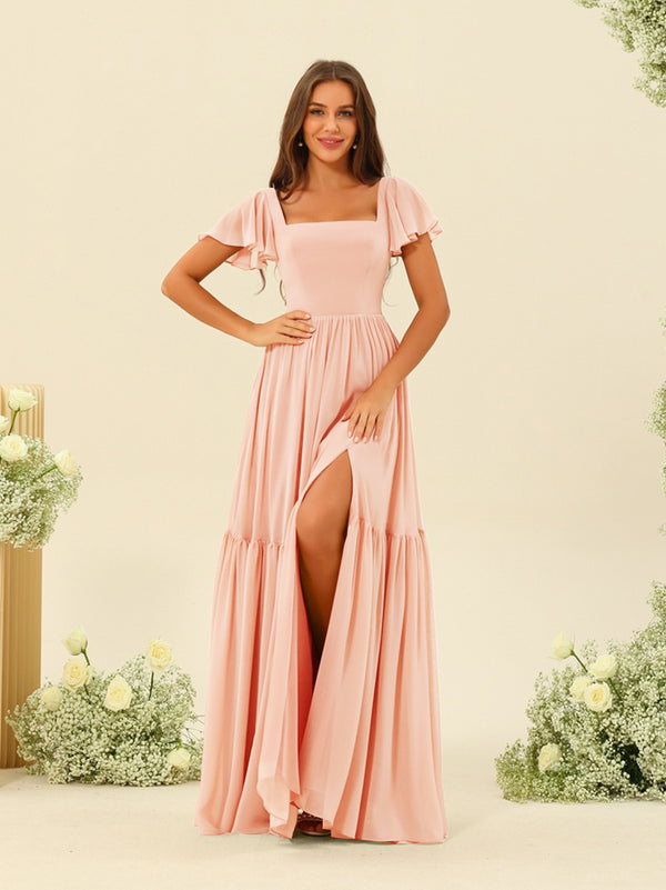A-Line/Princess Ruffles Floor-Length Short Sleeves Bridesmaid Dresses