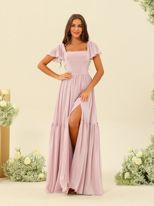 A-Line/Princess Ruffles Floor-Length Short Sleeves Bridesmaid Dresses