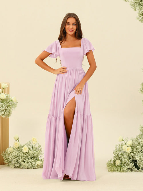 A-Line/Princess Ruffles Floor-Length Short Sleeves Bridesmaid Dresses