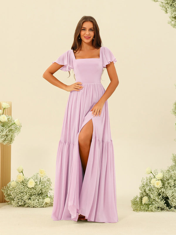 A-Line/Princess Ruffles Floor-Length Short Sleeves Bridesmaid Dresses