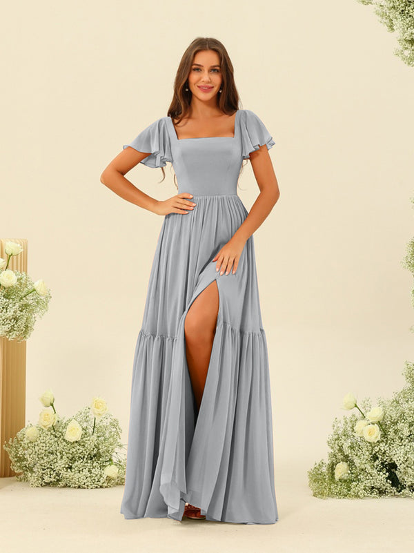 A-Line/Princess Ruffles Floor-Length Short Sleeves Bridesmaid Dresses
