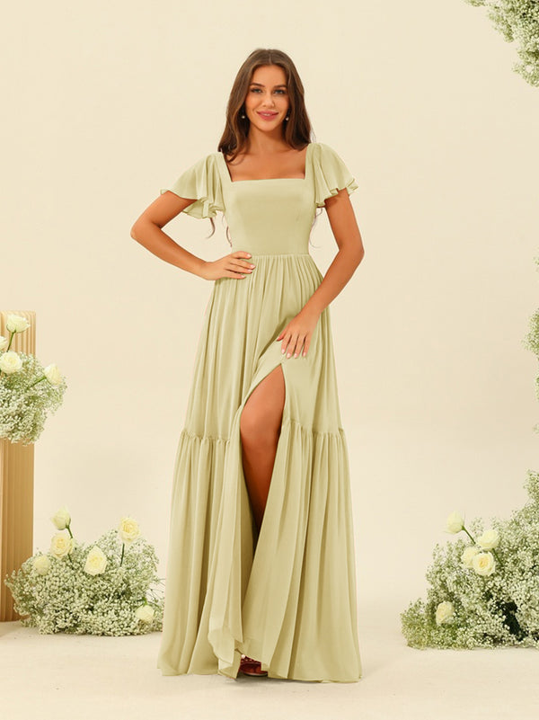 A-Line/Princess Ruffles Floor-Length Short Sleeves Bridesmaid Dresses