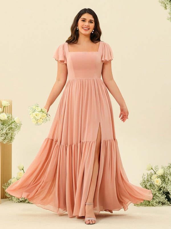 A-Line/Princess Ruffles Floor-Length Short Sleeves Plus Size Bridesmaid Dresses