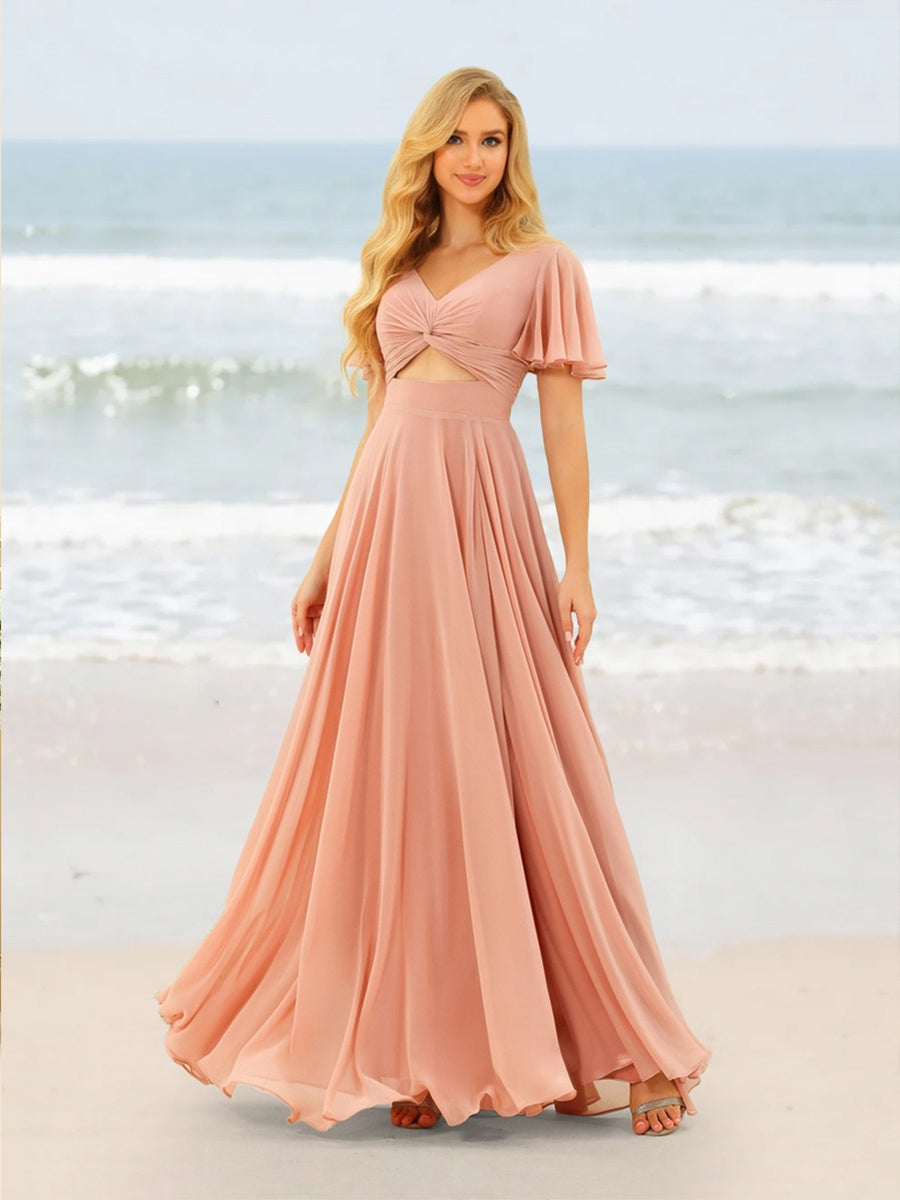 A-Line/Princess Ruffles V-Neck Short Sleeves Bridesmaid Dresses With Bowknot