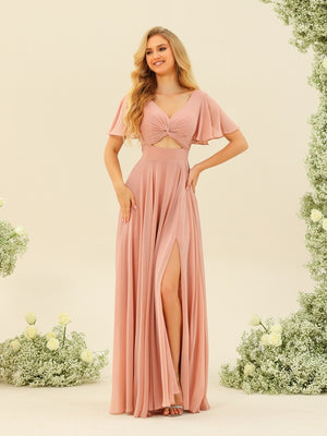 A-Line/Princess Ruffles V-Neck Short Sleeves Bridesmaid Dresses With Bowknot