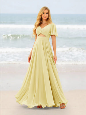 A-Line/Princess Ruffles V-Neck Short Sleeves Bridesmaid Dresses With Bowknot