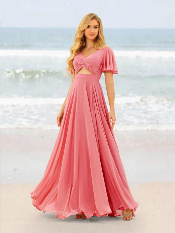 A-Line/Princess Ruffles V-Neck Short Sleeves Bridesmaid Dresses With Bowknot