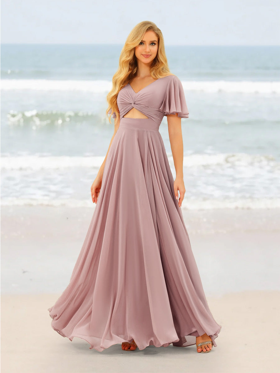 A-Line/Princess Ruffles V-Neck Short Sleeves Bridesmaid Dresses With Bowknot