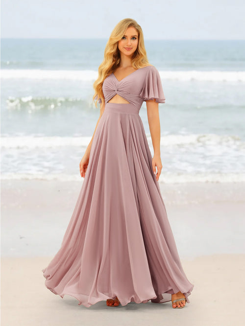 A-Line/Princess Ruffles V-Neck Short Sleeves Bridesmaid Dresses With Bowknot