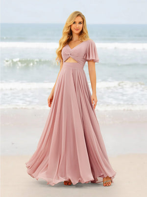 A-Line/Princess Ruffles V-Neck Short Sleeves Bridesmaid Dresses With Bowknot