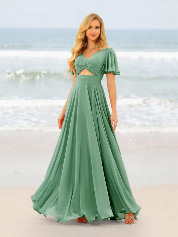 A-Line/Princess Ruffles V-Neck Short Sleeves Bridesmaid Dresses With Bowknot