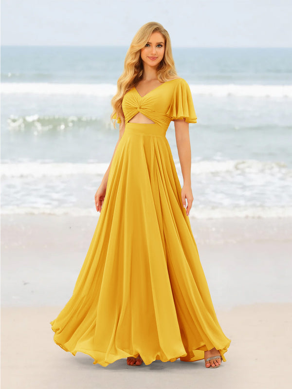 A-Line/Princess Ruffles V-Neck Short Sleeves Bridesmaid Dresses With Bowknot