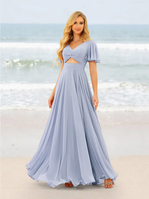 A-Line/Princess Ruffles V-Neck Short Sleeves Bridesmaid Dresses With Bowknot