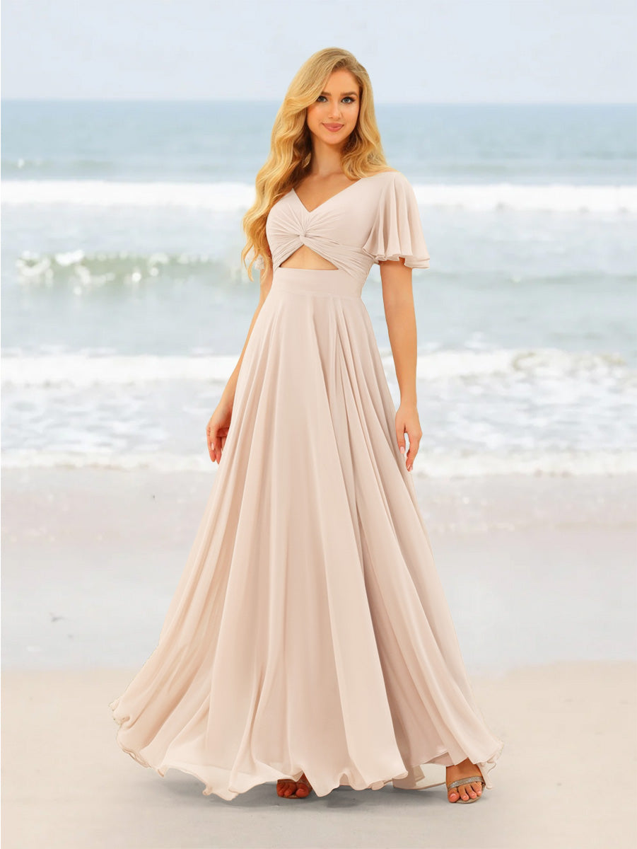 A-Line/Princess Ruffles V-Neck Short Sleeves Bridesmaid Dresses With Bowknot