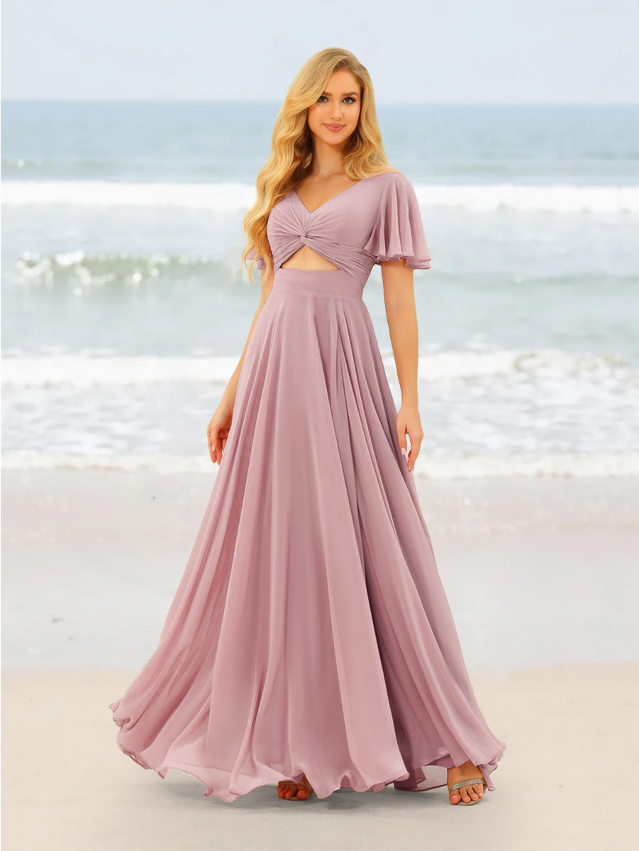A-Line/Princess Ruffles V-Neck Short Sleeves Bridesmaid Dresses With Bowknot