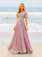 A-Line/Princess Ruffles V-Neck Short Sleeves Bridesmaid Dresses With Bowknot