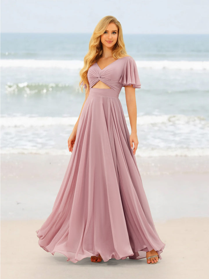 A-Line/Princess Ruffles V-Neck Short Sleeves Bridesmaid Dresses With Bowknot