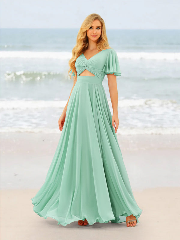 A-Line/Princess Ruffles V-Neck Short Sleeves Bridesmaid Dresses With Bowknot