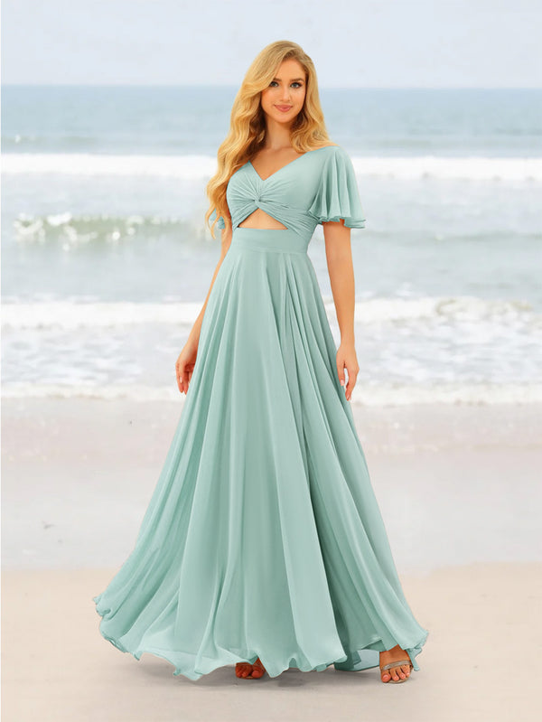 A-Line/Princess Ruffles V-Neck Short Sleeves Bridesmaid Dresses With Bowknot