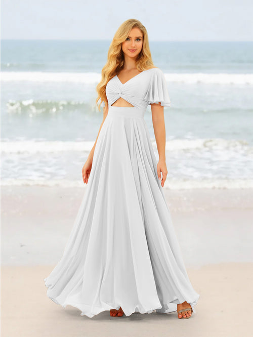 A-Line/Princess Ruffles V-Neck Short Sleeves Bridesmaid Dresses With Bowknot