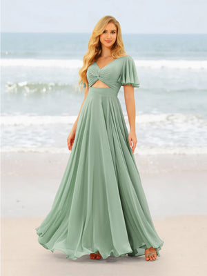 A-Line/Princess Ruffles V-Neck Short Sleeves Bridesmaid Dresses With Bowknot