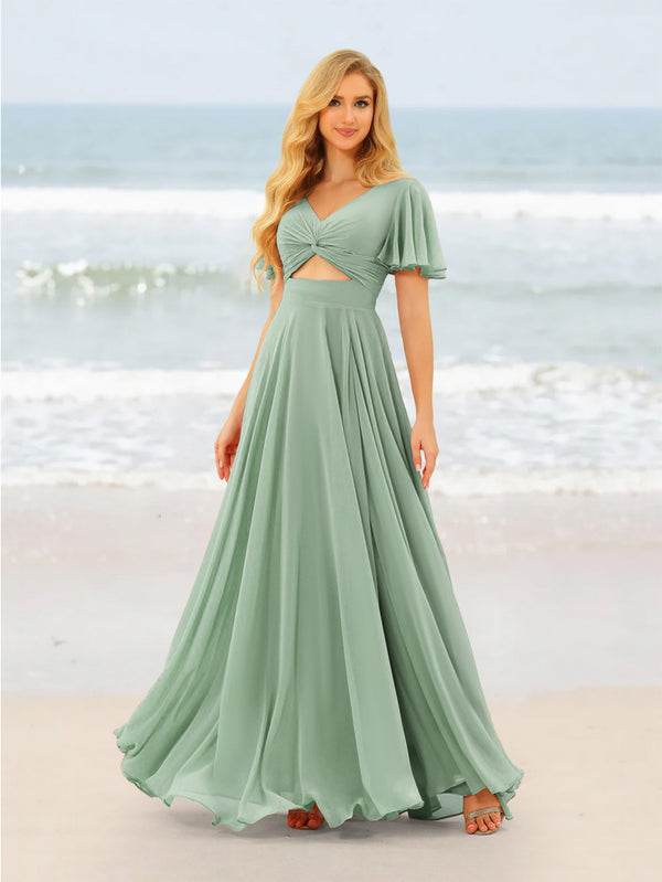 A-Line/Princess Ruffles V-Neck Short Sleeves Bridesmaid Dresses With Bowknot