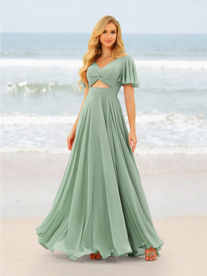 A-Line/Princess Ruffles V-Neck Short Sleeves Bridesmaid Dresses With Bowknot