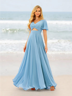 A-Line/Princess Ruffles V-Neck Short Sleeves Bridesmaid Dresses With Bowknot