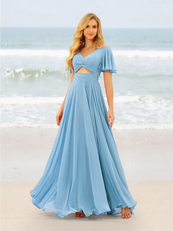 A-Line/Princess Ruffles V-Neck Short Sleeves Bridesmaid Dresses With Bowknot