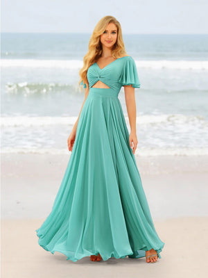 A-Line/Princess Ruffles V-Neck Short Sleeves Bridesmaid Dresses With Bowknot