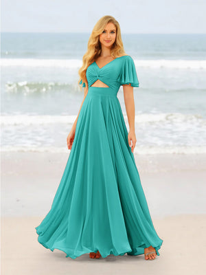 A-Line/Princess Ruffles V-Neck Short Sleeves Bridesmaid Dresses With Bowknot