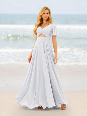 A-Line/Princess Ruffles V-Neck Short Sleeves Bridesmaid Dresses With Bowknot