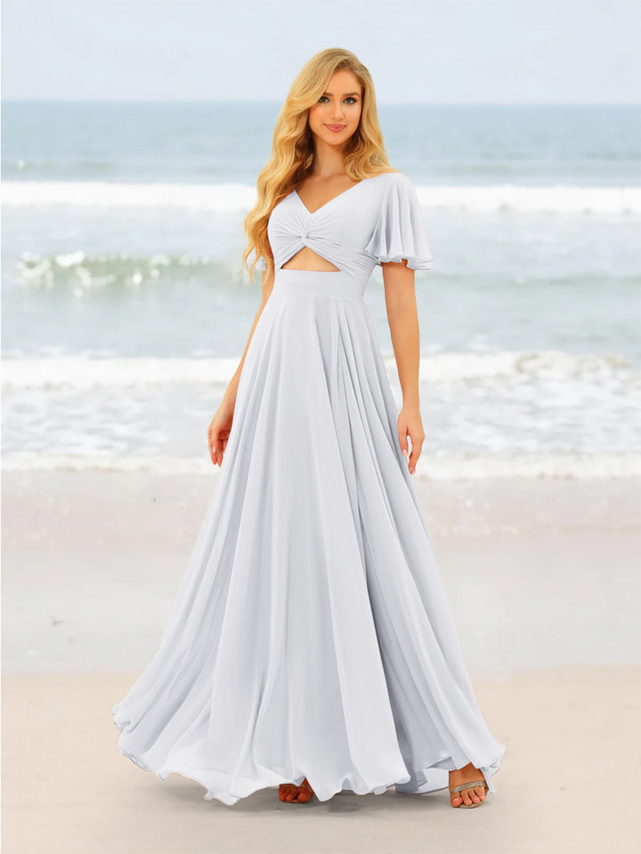 A-Line/Princess Ruffles V-Neck Short Sleeves Bridesmaid Dresses With Bowknot