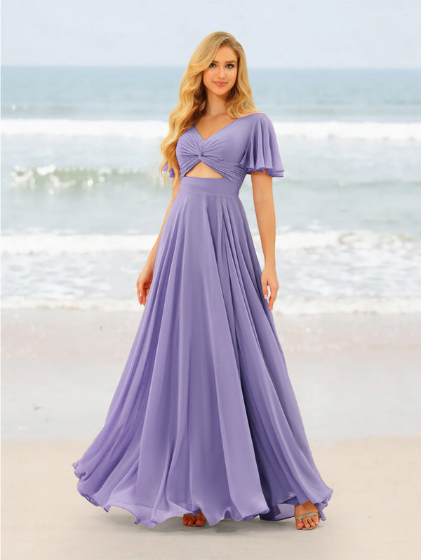 A-Line/Princess Ruffles V-Neck Short Sleeves Bridesmaid Dresses With Bowknot